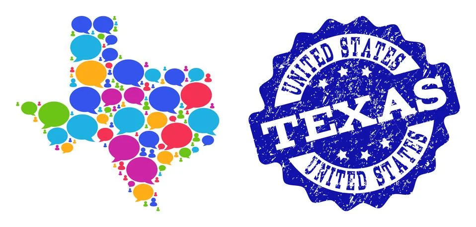 Social Network Map of Texas State with Talk Clouds and Distress Seal イラスト素材