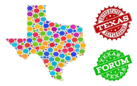 Social Network Map of Texas State with Speech Bubbles and Grunge Stamps Stock Illustration
