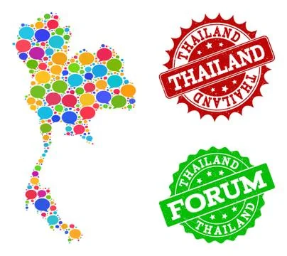 Social Network Map of Thailand with Speech Bubbles and Grunge Stamps 스톡 일러스트