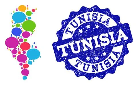 Social Network Map of Tunisia with Chat Bubbles and Scratched Stamp 스톡 일러스트