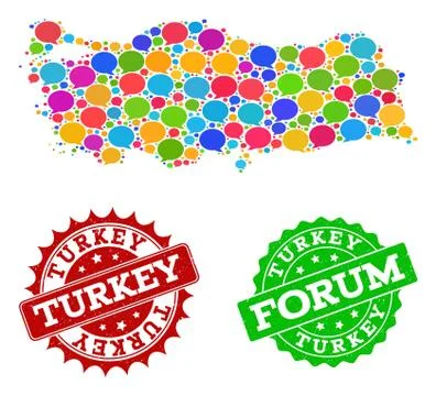 Social Network Map of Turkey with Chat Bubbles and Scratched Stamps Stock Illustration