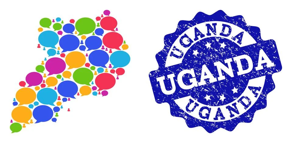 Social Network Map of Uganda with Chat Bubbles and Distress Stamp Illustrazione stock
