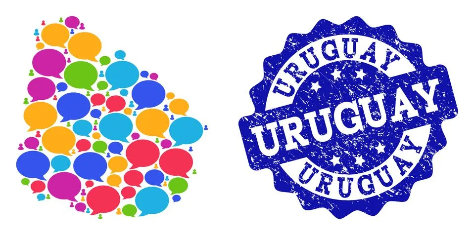 Social Network Map of Uruguay with Message Clouds and Distress Stamp Stock Illustration