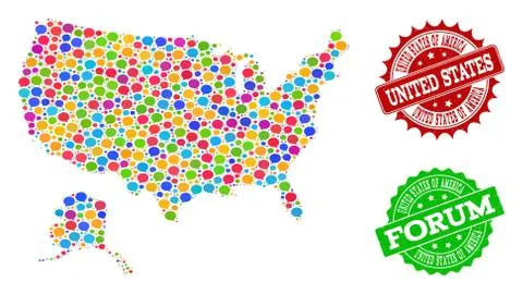 Social Network Map of USA and Alaska with Message Clouds and Textured Watermarks Stock Illustration