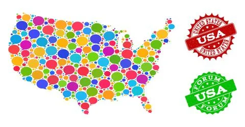 Social Network Map of USA with Message Bubbles and Scratched Stamps 스톡 일러스트