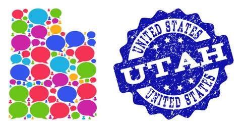 Social Network Map of Utah State with Message Bubbles and Distress Stamp 스톡 일러스트