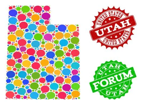 Social Network Map of Utah State with Message Clouds and Scratched Seals Stock Illustration