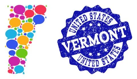 Social Network Map of Vermont State with Message Clouds and Textured Seal Stock Illustration