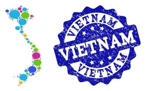 Social Network Map of Vietnam with Message Bubbles and Grunge Stamp 스톡 일러스트