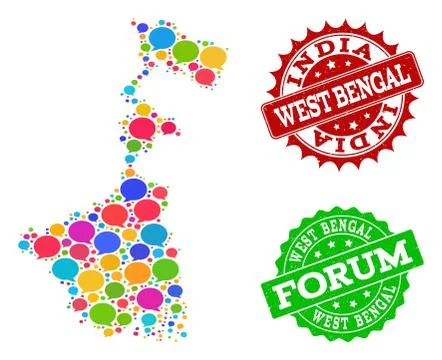 Social Network Map of West Bengal State with Message Clouds and Scratched Seals Stock Illustration
