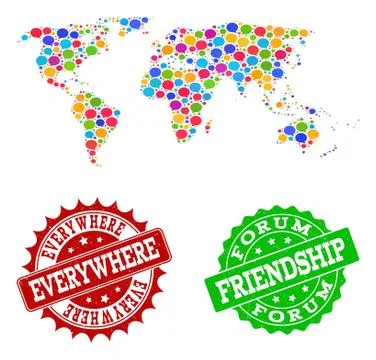 Social Network Map of World with Chat Bubbles and Grunge Stamps Stock Illustration