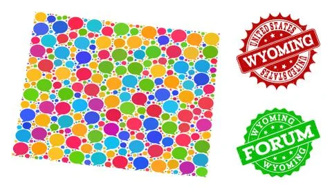 Social Network Map of Wyoming State with Talk Bubbles and Scratched Seals 스톡 일러스트