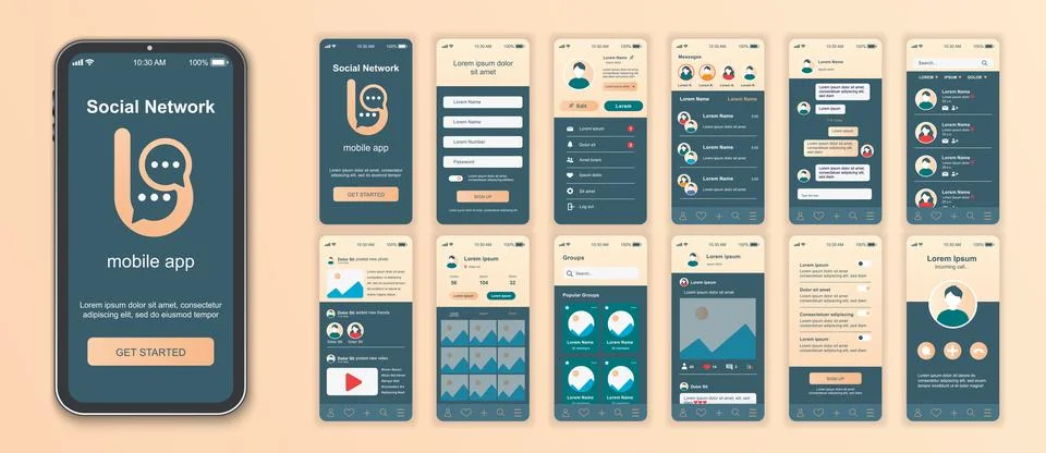 Social network mobile app interface screens template set. Online account, fri Stock Illustration