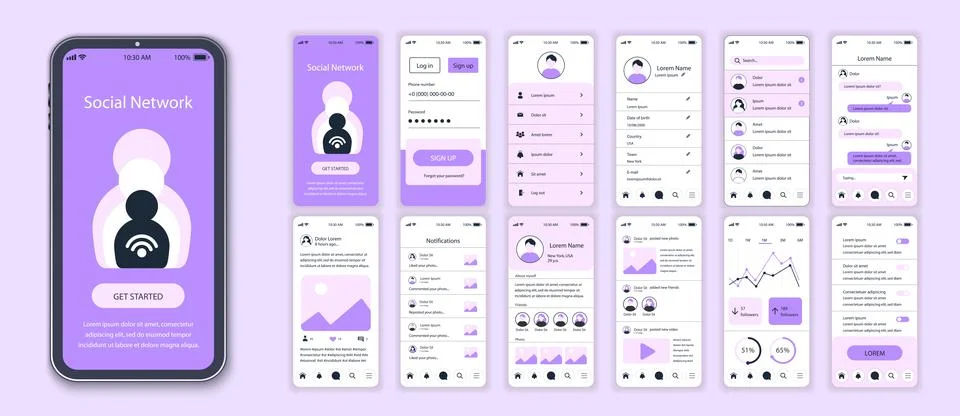 Social network mobile app interface screens template set. Account login, fr.. 스톡 일러스트