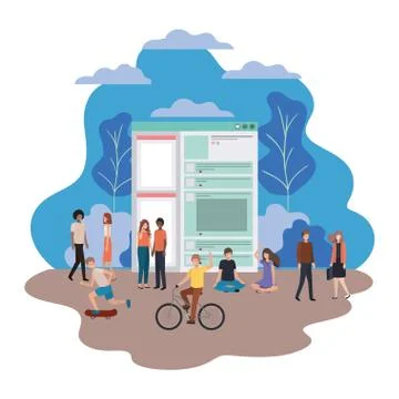 Social network profile with groups of people walking avatar character Illustrazione stock