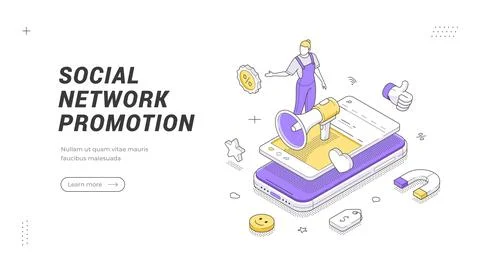 Social Network Promotion Isometric Vector Illustration Banner Template 스톡 일러스트