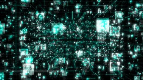A social network with a stream of neon colored unrecognizable people portraits Illustrazione stock