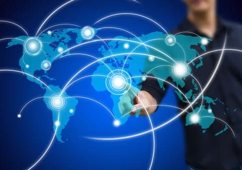 Social network structure on world map, networking concept Stock Photos