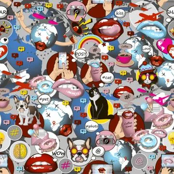 Social network symbols pattern in pop art style. 스톡 일러스트