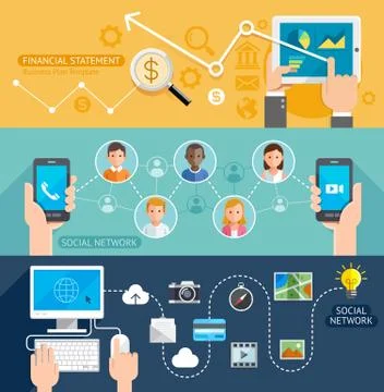 Social Network Technology Flat Banner. Vector Illustration. Illustrazione stock