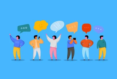 Social Network Template. Group of Young People Characters Chatting and speaking Stock Illustration