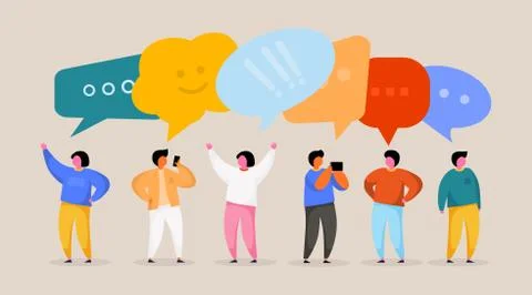 Social Network Template. Group of Young People Characters Chatting and speaking Stock Illustration