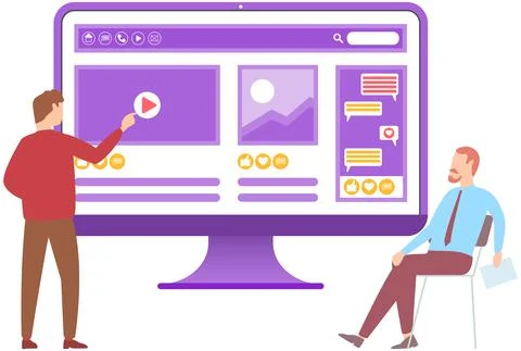 Social network template, program for communication on monitor. People work with Ilustración de archivo