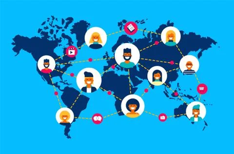 Social network world map people team connection Stock Illustration