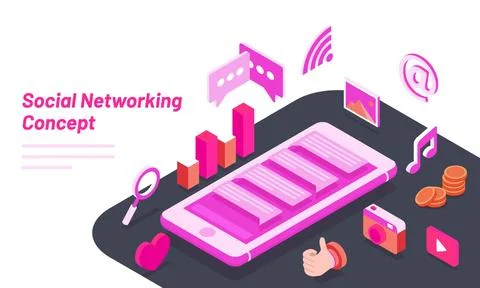 Social Networking concept based landing page design with isometric smartpho.. Stockillustratie
