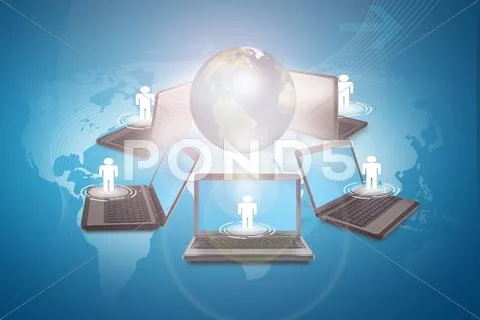 Social networking concept : laptop with social network on world map Stock Illustration