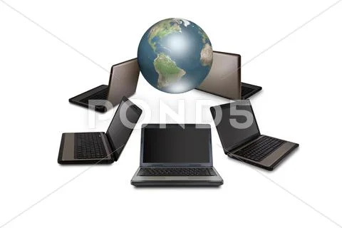 Social networking concept : laptop with social network on world map Stock Illustration