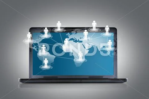 Social networking concept : laptop with social network on world map Stock Illustration