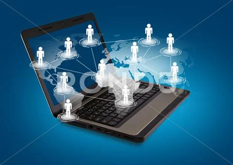 Social networking concept : laptop with social network on world map Stock Illustration