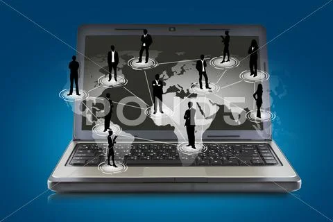 Social networking concept : laptop with social network on world map Stock Illustration