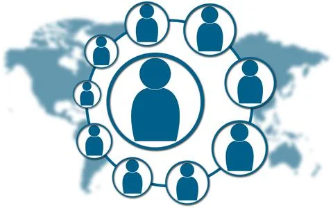 Social networking concept with round human icons on blue world map background Illustrazione stock