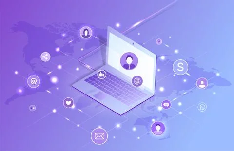 Social Networking Laptop Set Vector Illustration Illustrazione stock