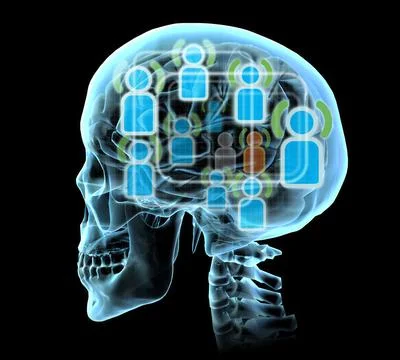 Social Networking represented as icons inside a skull and brain Illustrazione stock