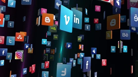 Social Networks app icons 3D fly on black background 4k Stock Footage 72625727