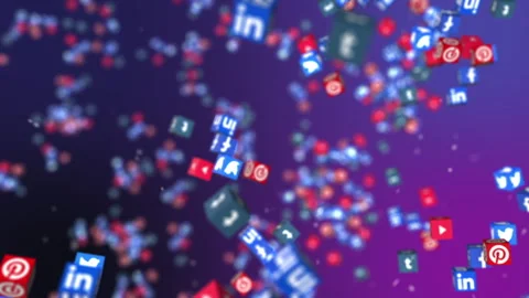 Social Networks falling down in a 3D animation Stock Footage 241615807
