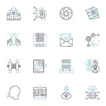 Social optimization linear icons set. Sharing, Engagement, Visibility, Reach Stock Illustration