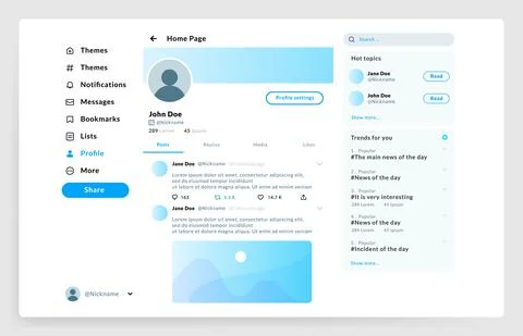 Social page interface. User profile UI mockup. Network account with control menu 스톡 일러스트