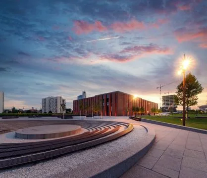 Social part of Katowice during dramatic sunset Stock Photos