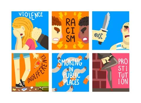 Social Problem Poster with Harmful Indifference and Immorality Vector Set Stockillustratie
