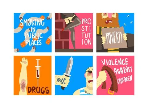 Social Problem Poster with Harmful Indifference and Immorality Vector Set Stock Illustration