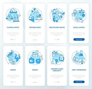 Social problems blue onboarding mobile app screen set Stock Illustration