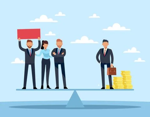 Social problems, class inequality. Businessman with money on one side of scale Stock Illustration