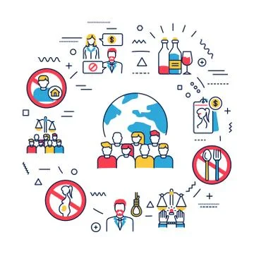 Social problems web banner. Infographics with linear icons on blue background Illustrazione stock