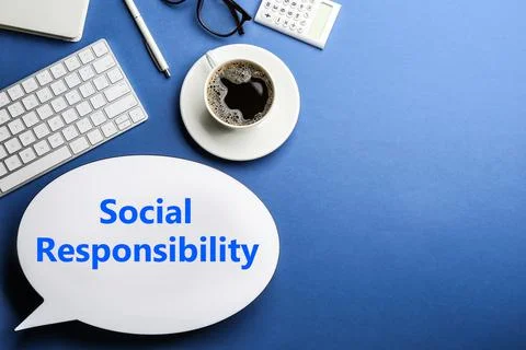 Social responsibility concept. Flat lay composition with speech bubble lightb Stock Photos