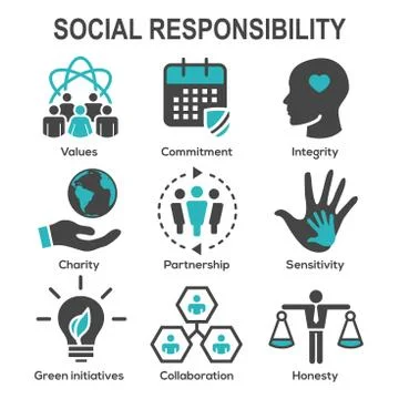Social Responsibility Solid Icon Set w Honesty, integrity, collaboration, etc Stock Illustration