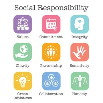 Social Responsibility Solid Icon Set w Honesty, integrity, collaboration, etc Stock Illustration